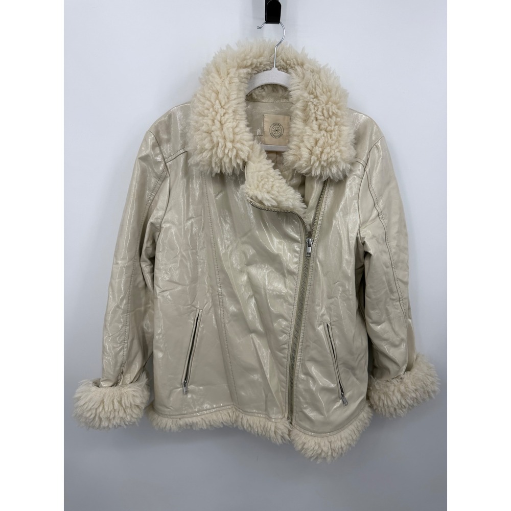 Urban Outfitters Tania Patent Faux Shearling Moto Jacket Women M Cream Glossy